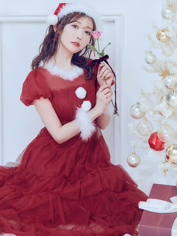 画像11: 【即日発送！】【サンタコス 4点セット】【S-Lサイズ/1カラー】シースルーフリルチュールサンタコスプレ[YMT]