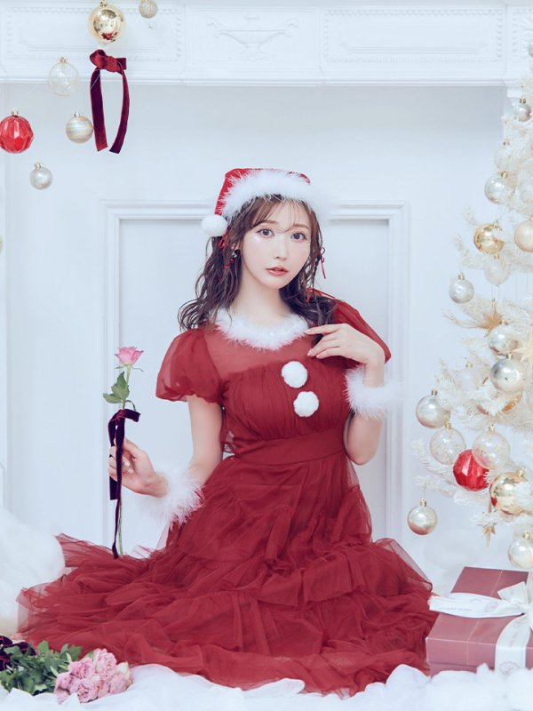 画像12: 【即日発送！】【サンタコス 4点セット】【S-Lサイズ/1カラー】シースルーフリルチュールサンタコスプレ[YMT]