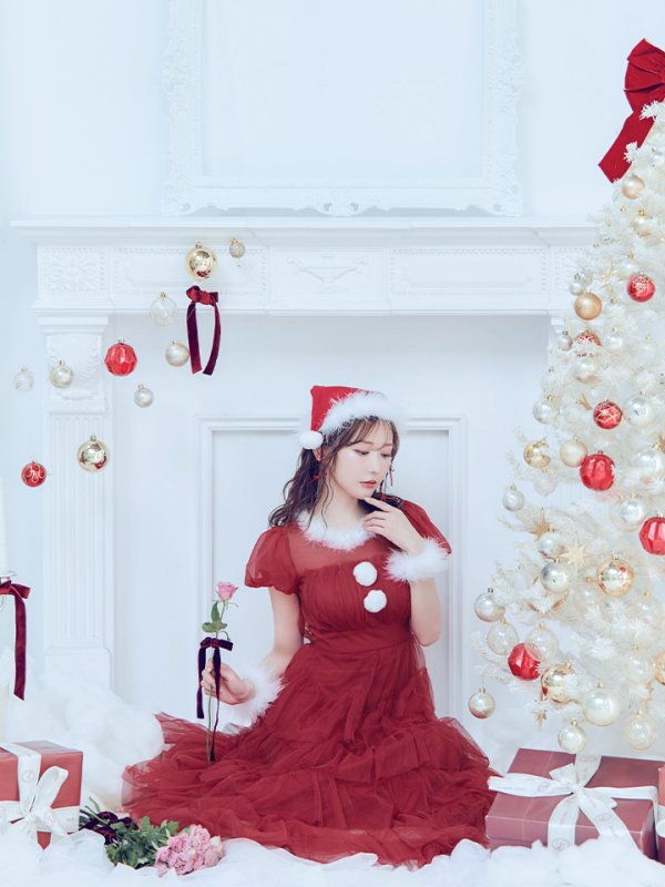 画像13: 【即日発送！】【サンタコス 4点セット】【S-Lサイズ/1カラー】シースルーフリルチュールサンタコスプレ[YMT]