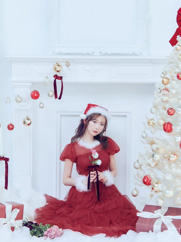 画像14: 【即日発送！】【サンタコス 4点セット】【S-Lサイズ/1カラー】シースルーフリルチュールサンタコスプレ[YMT]
