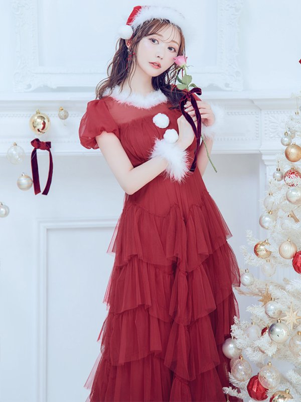 画像15: 【即日発送！】【サンタコス 4点セット】【S-Lサイズ/1カラー】シースルーフリルチュールサンタコスプレ[YMT]