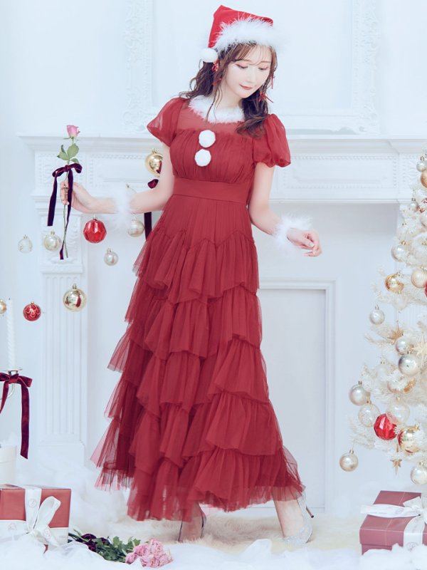 画像17: 【即日発送！】【サンタコス 4点セット】【S-Lサイズ/1カラー】シースルーフリルチュールサンタコスプレ[YMT]