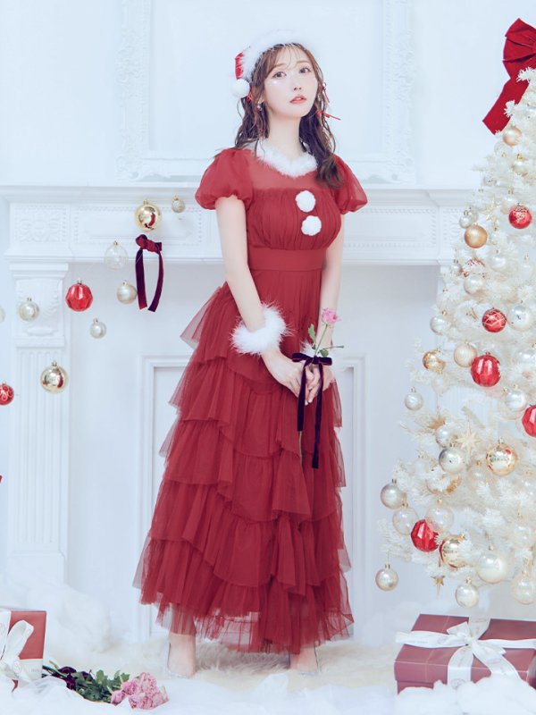 画像18: 【即日発送！】【サンタコス 4点セット】【S-Lサイズ/1カラー】シースルーフリルチュールサンタコスプレ[YMT]