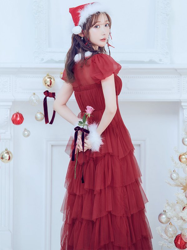 画像19: 【即日発送！】【サンタコス 4点セット】【S-Lサイズ/1カラー】シースルーフリルチュールサンタコスプレ[YMT]