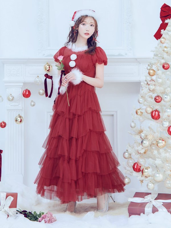 画像4: 【即日発送！】【サンタコス 4点セット】【S-Lサイズ/1カラー】シースルーフリルチュールサンタコスプレ[YMT]