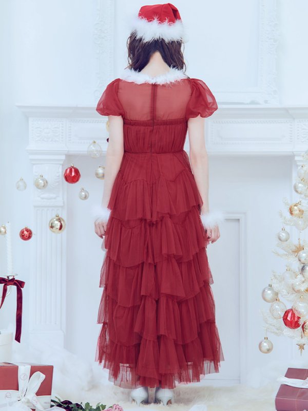 画像5: 【即日発送！】【サンタコス 4点セット】【S-Lサイズ/1カラー】シースルーフリルチュールサンタコスプレ[YMT]