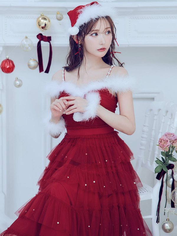 画像14: 【ノベルティ対象】【即日発送！】【サンタコス 4点セット】【M-XLサイズ/1カラー】オフショルフリルチュールサンタコスプレ[YMT]
