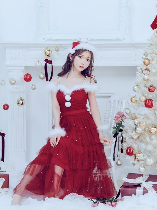 画像15: 【ノベルティ対象】【即日発送！】【サンタコス 4点セット】【M-XLサイズ/1カラー】オフショルフリルチュールサンタコスプレ[YMT]