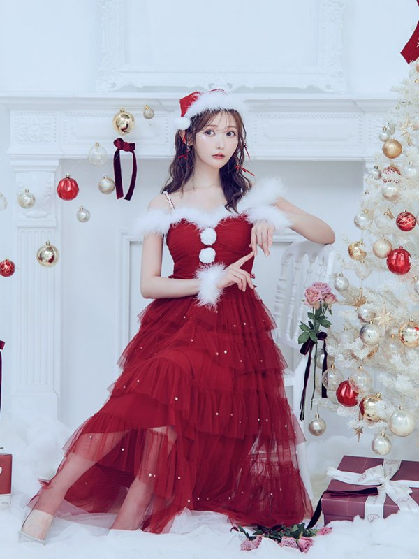 画像16: 【ノベルティ対象】【即日発送！】【サンタコス 4点セット】【M-XLサイズ/1カラー】オフショルフリルチュールサンタコスプレ[YMT]