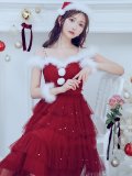 【即日発送！】【サンタコス 4点セット】【M-XLサイズ/1カラー】オフショルフリルチュールサンタコスプレ[YMT]