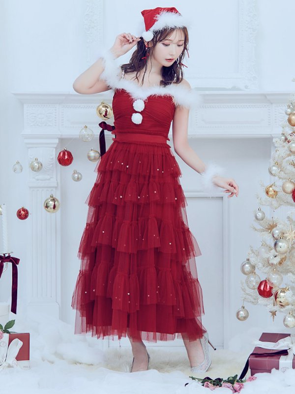 画像4: 【ノベルティ対象】【即日発送！】【サンタコス 4点セット】【M-XLサイズ/1カラー】オフショルフリルチュールサンタコスプレ[YMT]