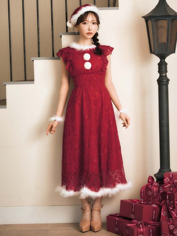 画像4: 【サンタセール！】【サンタコス 4点セット】【S-Lサイズ/1カラー】フラワーレースワンピースサンタ[OF01]