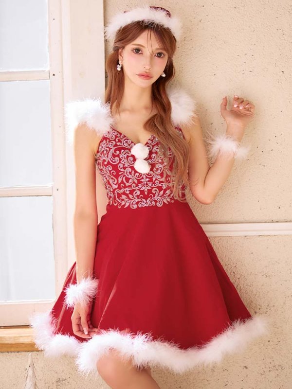 画像1: 【サンタセール！】高級ライン☆ゴージャスビジュー刺繍フレアサンタ【sugar nine サンタコス 4点セット】【S-Mサイズ/1カラー】[OF04]