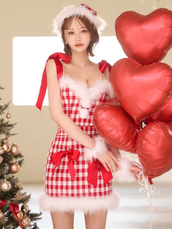 画像2: 【ノベルティ対象】【即日発送！】【サンタコス 6点セット】【XS-Lサイズ/1カラー】ショルダーリボン赤チェックタイトサンタ[YMT]