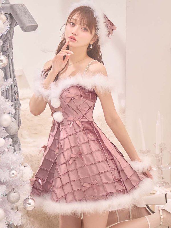 画像2: 【即日発送！】【サンタコス 4点セット】【XS-XLサイズ/2カラー】リボンモチーフパールショルダーフレアサンタ[OF04]