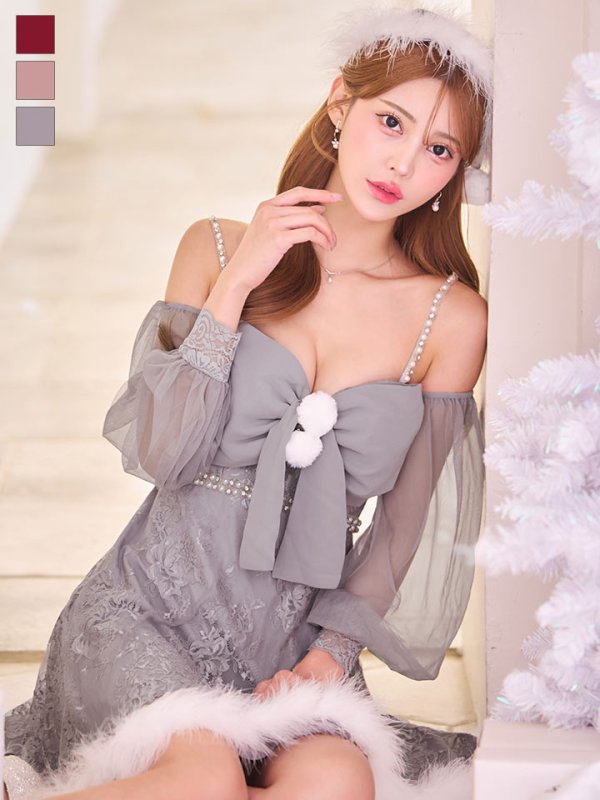 画像3: 【ノベルティ対象】【即日発送！】【サンタコス 3点セット】【XS-Lサイズ/2カラー】フロントビッグリボンオフショル袖付きフレアサンタ[OF04]