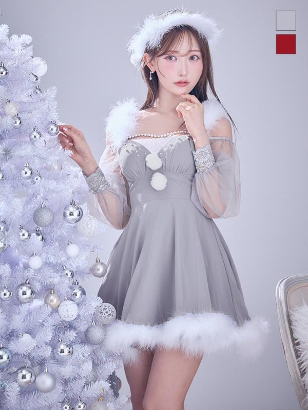 画像10: 【ノベルティ対象】【即日発送】【サンタコス 3点セット】【XS-XLサイズ/2カラー】シアーチュールオフショルダーサンタコスプレ[OF04]