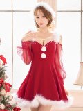 【サンタSALE!!】【即日発送】【サンタコス 3点セット】【XS-XLサイズ/2カラー】シアーチュールオフショルダーサンタコスプレ[HC03]