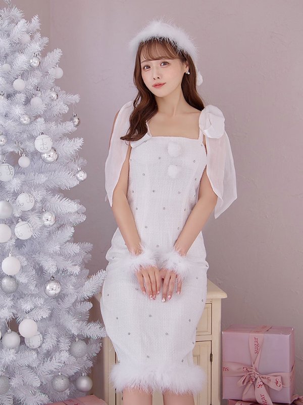 画像16: 【即日発送！】【サンタコス 4点セット】【S-Lサイズ/2カラー】リボンショルダーツイードビジューミディアムサンタコスプレ[OF04]