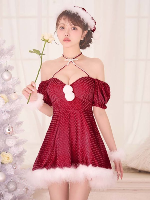 画像1: 【即日発送】【サンタ】クロスネックフレアーサンタコスプレ【コスプレ4点セット】【XS-Lサイズ/2カラー】[OF04]