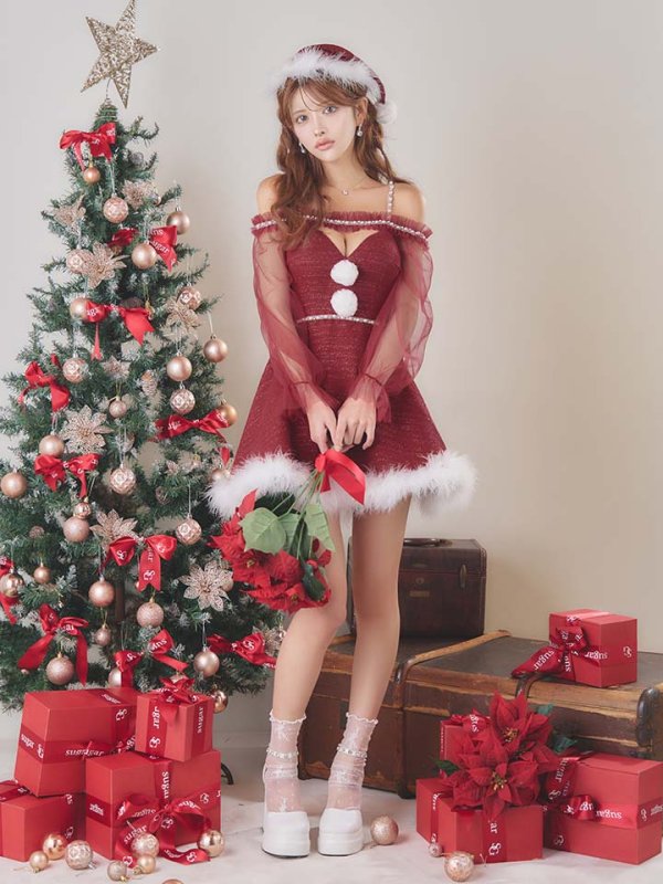 画像7: 【即日発送】【サンタ】シフォン長袖ツイードフレアーサンタコスプレ【コスプレ3点セット】【S-XLサイズ/2カラー】[OF04]