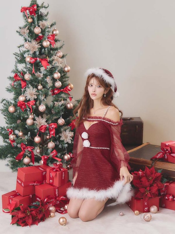 画像9: 【即日発送】【サンタ】シフォン長袖ツイードフレアーサンタコスプレ【コスプレ3点セット】【S-XLサイズ/2カラー】[OF04]