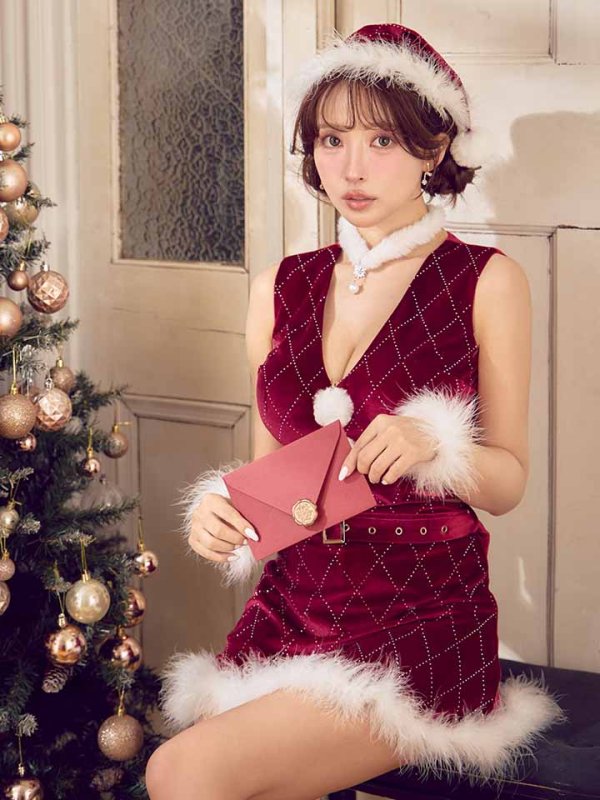 画像30: 【即日発送】【サンタ】ダイヤ柄ビジューベルト付きサンタコスプレ【コスプレ7点セット】【XS-Lサイズ/2カラー】[OF04]