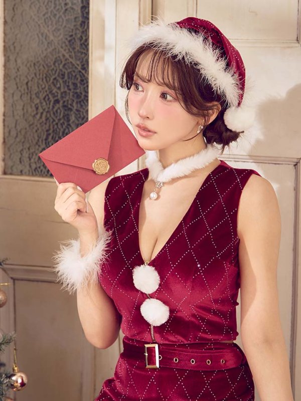 画像24: 【即日発送】【サンタ】ダイヤ柄ビジューベルト付きサンタコスプレ【コスプレ7点セット】【XS-Lサイズ/2カラー】[OF04]