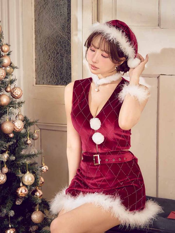 画像27: 【即日発送】【サンタ】ダイヤ柄ビジューベルト付きサンタコスプレ【コスプレ7点セット】【XS-Lサイズ/2カラー】[OF04]