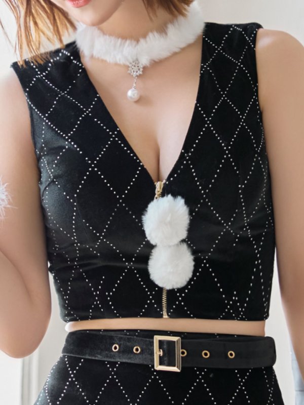 画像16: 【即日発送】【サンタ】ダイヤ柄ビジューベルト付きサンタコスプレ【コスプレ7点セット】【XS-Lサイズ/2カラー】[OF04]