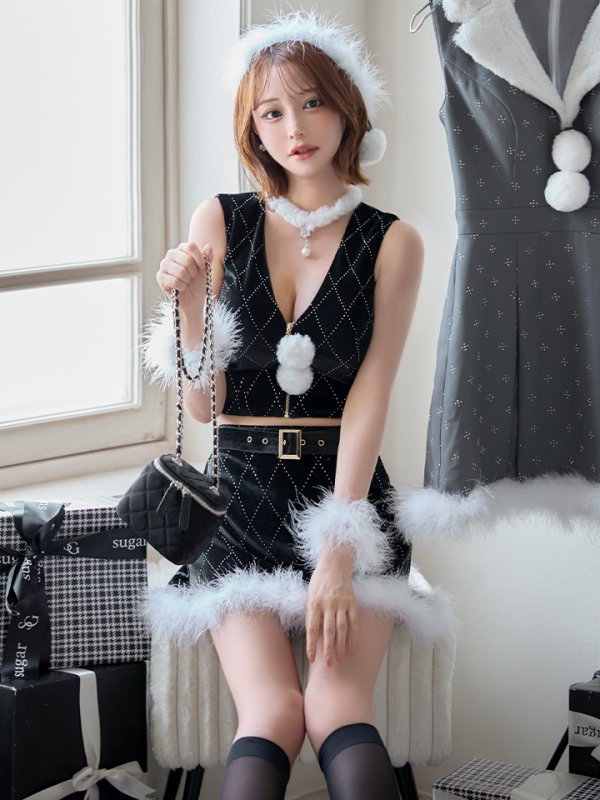 画像3: 【即日発送】【サンタ】ダイヤ柄ビジューベルト付きサンタコスプレ【コスプレ7点セット】【XS-Lサイズ/2カラー】[OF04]