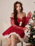 【即日発送】【サンタ】チュールスリーブオフショルリボンサンタコスプレ【コスプレ4点セット】【XS-Lサイズ/1カラー】[HC03]