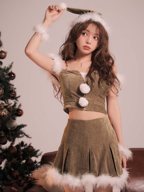 画像1: 【即日発送】【サンタ】ファーショルダーシースルーフレアサンタコスプレ【コスプレ5点セット】【XS-XLサイズ/2カラー】[OF04]