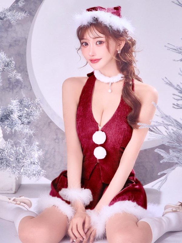 画像1: 【即日発送】【サンタ】ホルターネックジップセットアップサンタコスプレ【コスプレ6点セット】【XS-XLサイズ/2カラー】[OF03]