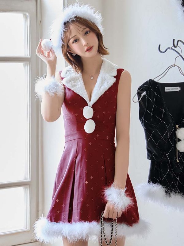 画像2: 【即日発送】【サンタ】ファー襟付きラメワンピサンタコスプレ【コスプレ4点セット】【S-Mサイズ/2カラー】[OF01]