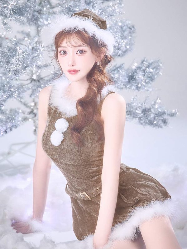 画像1: 【即日発送】【送料無料！】【サンタ】ベルト付きファーサンタコスプレ【コスプレ4点セット】[OF01/OF04]