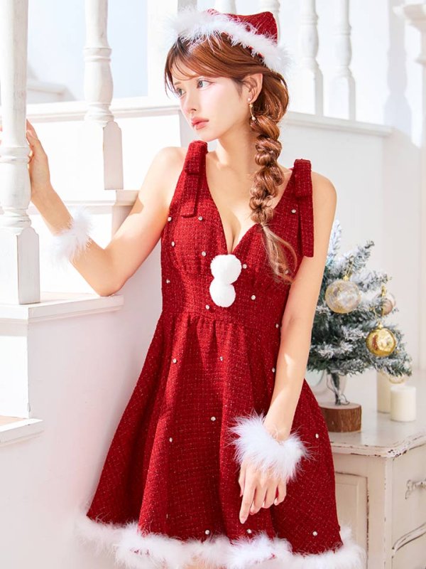 画像1: 【即日発送】【サンタ】ショルダーリボンビジューツイードフレアサンタコスプレ【コスプレ4点セット】【XS-XLサイズ/1カラー】[OF03]