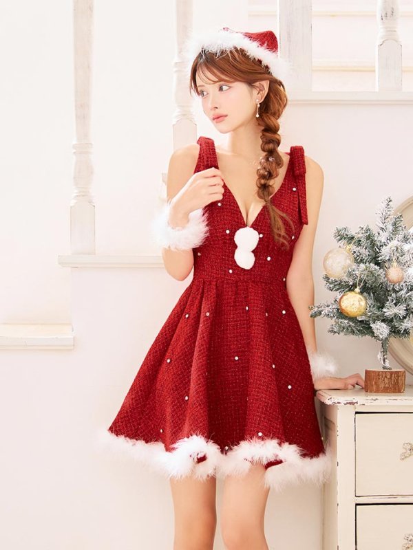 画像3: 【即日発送】【サンタ】ショルダーリボンビジューツイードフレアサンタコスプレ【コスプレ4点セット】【XS-XLサイズ/1カラー】[OF03]