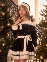 【送料無料！】【サンタ】雪の結晶スパンコールリボンベロア2段フレアワンピースサンタコスプレ【4点SET】【XS-XLサイズ】【予約/11月中旬発送予定】[OF04]るりぴ着用