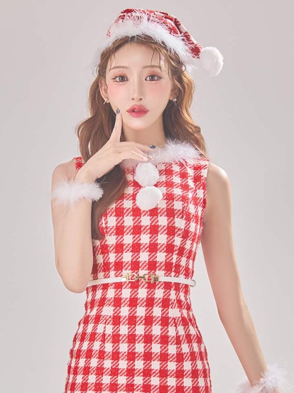 画像10: 【サンタコス 5点セット】【XS-XLサイズ/2カラー】ギンガムチェック タイトワンピースサンタコスプレ[YMT]