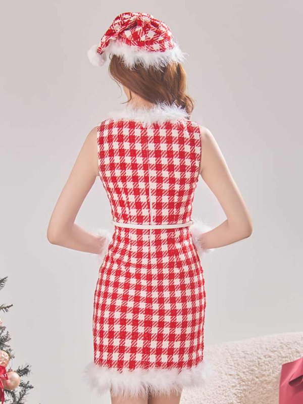 画像12: 【サンタコス 5点セット】【XS-XLサイズ/2カラー】ギンガムチェック タイトワンピースサンタコスプレ[YMT]