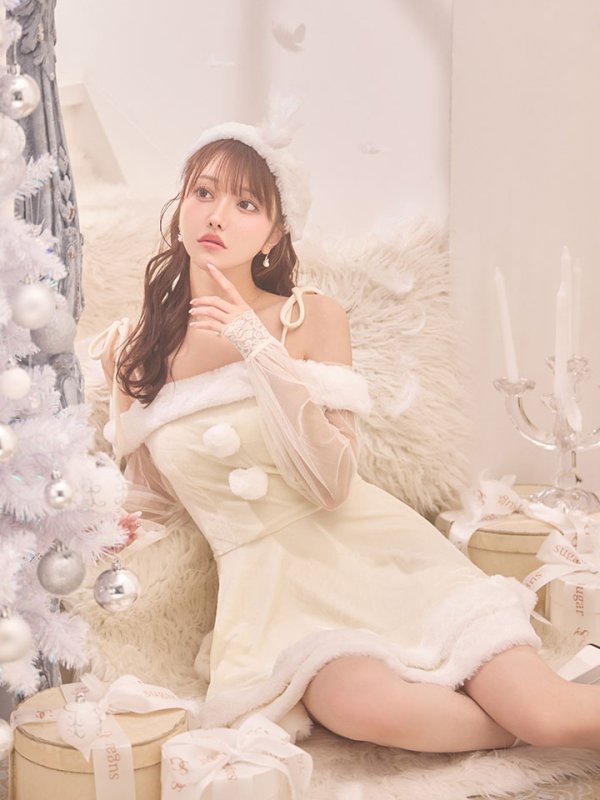 画像2: 【即日発送】【サンタコス 3点セット】【XS-XLサイズ/1カラー】オフショルダーシアーチュールフレアサンタコスプレ[OF01]