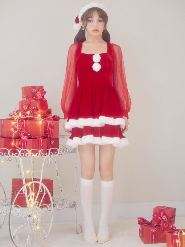 画像7: 【即日発送】【サンタコス 3点セット】【S-Lサイズ/1カラー】チュールシアーフレアサンタコスプレ[OF01]