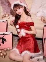 【即日発送！】【サンタコス 5点セット】【XS-XLサイズ/3カラー】オフショルビジューリボンフレアサンタ[OF01]