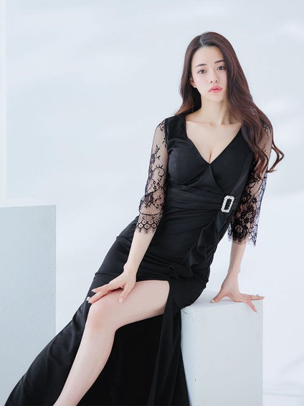 画像1: SALE!カシュクールドレープドレス/ワンカラー/ロングスリーブ/レース/谷間見せ/背中隠し/ロングドレス/キャバドレス 【S-Lサイズ/2カラー】[HC03] 【TN】