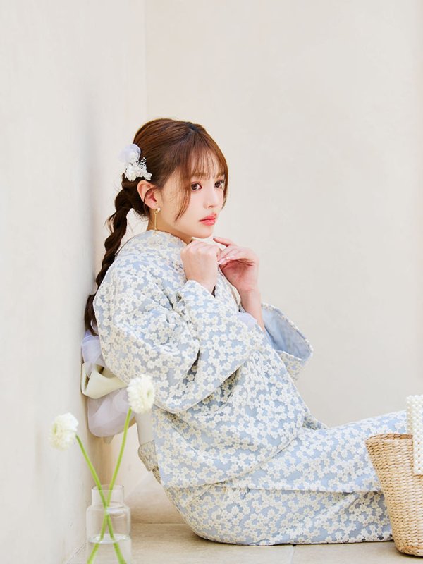 画像12: 【浴衣セール！】【即日発送】【浴衣】くすみブルー地x小花レース浴衣 【浴衣３点セット 浴衣/帯/下駄】[YMT]