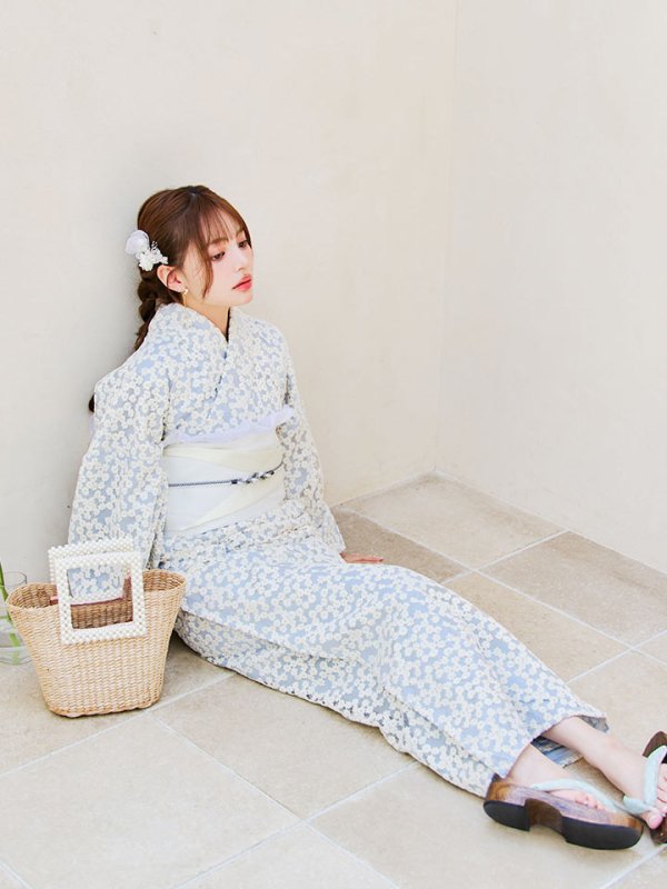 画像13: 【浴衣セール！】【即日発送】【浴衣】くすみブルー地x小花レース浴衣 【浴衣３点セット 浴衣/帯/下駄】[YMT]