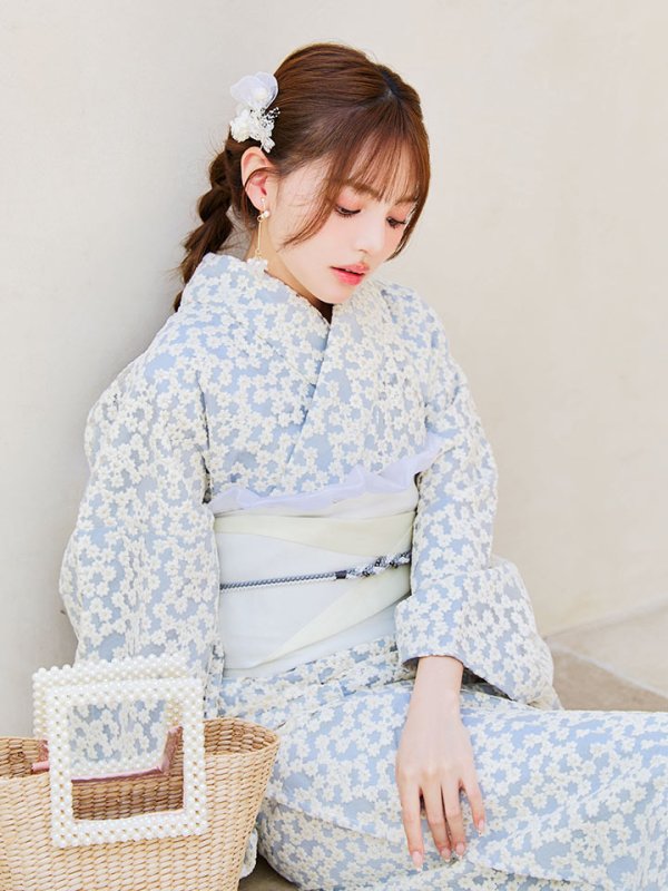 画像14: 【浴衣セール！】【即日発送】【浴衣】くすみブルー地x小花レース浴衣 【浴衣３点セット 浴衣/帯/下駄】[YMT]