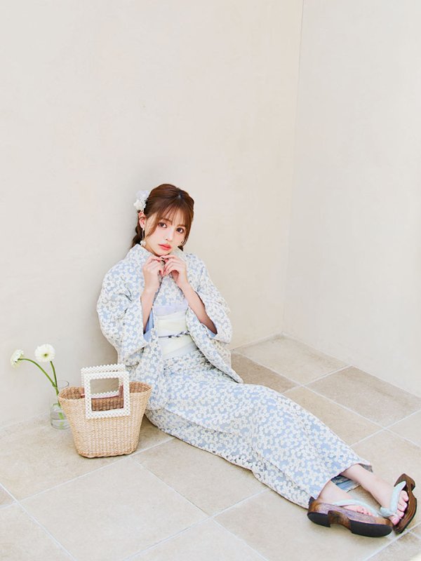 画像3: 【浴衣セール！】【即日発送】【浴衣】くすみブルー地x小花レース浴衣 【浴衣３点セット 浴衣/帯/下駄】[YMT]