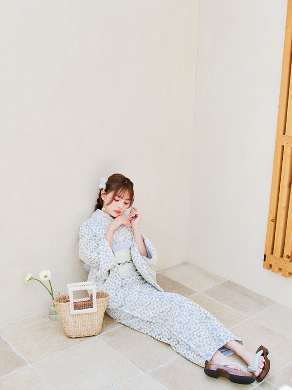 画像6: 【浴衣セール！】【即日発送】【浴衣】くすみブルー地x小花レース浴衣 【浴衣３点セット 浴衣/帯/下駄】[YMT]